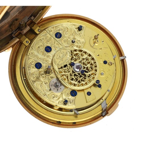 910 - Early 19th century 18ct quarter repeating cylinder pair cased pocket watch, the fusee movement signe... 