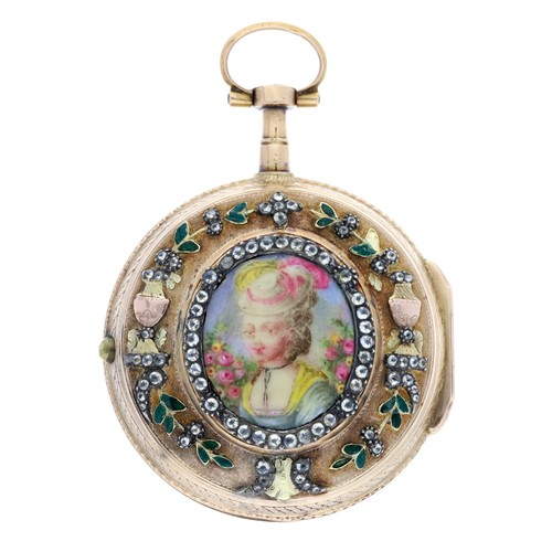 888 - Gudin, Paris - attractive French 18ct enamel and rose-cut paste set pocket watch, signed fusee verge... 