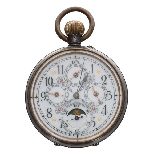 897 - Swiss gunmetal calendar cylinder pocket watch with moon phase, gilt frosted bar movement with gilt b... 