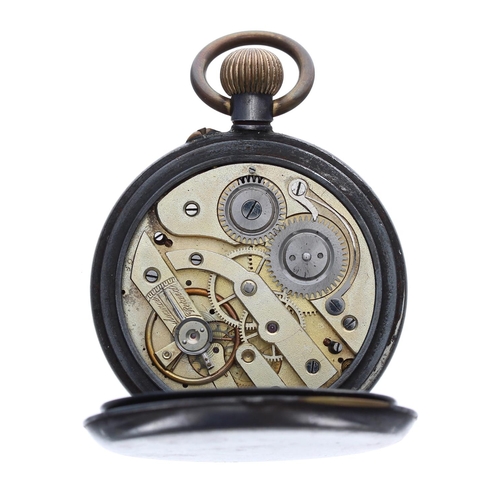 897 - Swiss gunmetal calendar cylinder pocket watch with moon phase, gilt frosted bar movement with gilt b... 