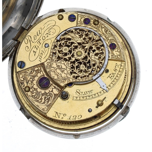 908 - Row, Alton - William IV silver verge hunter pocket watch, London 1834, signed fusee movement no. 155... 