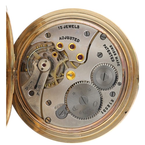 923 - Cyma 9ct half hunter lever pocket watch, import hallmarks London 1928, signed 15 jewel patented adju... 