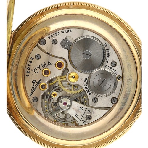 927 - Cyma 14ct lever dress fob watch, signed 15 jewel patented 2 adjts. movement, no. 120762, the dial si... 