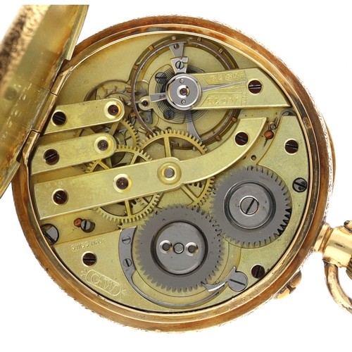 933 - Swiss 18ct lever engraved fob watch, the movement with 'GW' stamp, metal cuvette, 40.8gm, 37mm... 