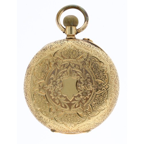 933 - Swiss 18ct lever engraved fob watch, the movement with 'GW' stamp, metal cuvette, 40.8gm, 37mm... 