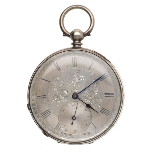 939 - T. Jacot, Locle - Swiss white metal pocket watch, signed bar cylinder movement, silver engraved dial... 