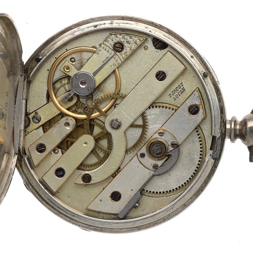 939 - T. Jacot, Locle - Swiss white metal pocket watch, signed bar cylinder movement, silver engraved dial... 