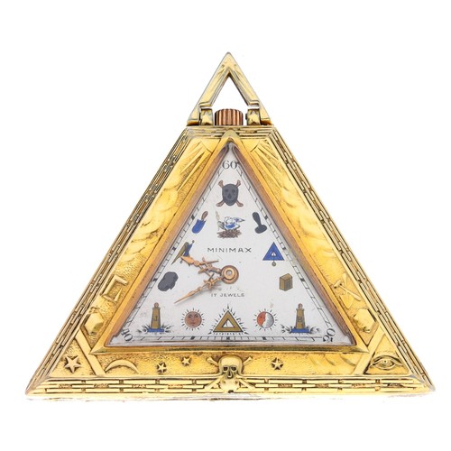 946 - Minimax Masonic gilded white metal triangular pocket watch, unsigned 17 jewel movement, the silvered... 