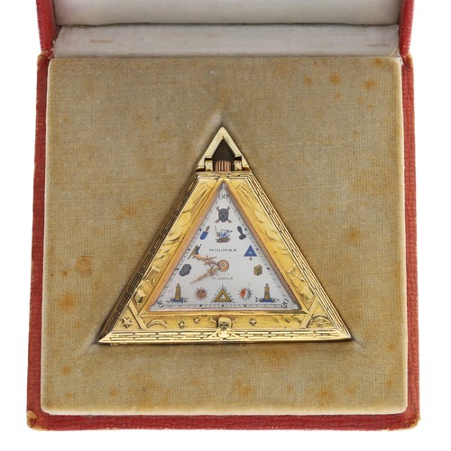 946 - Minimax Masonic gilded white metal triangular pocket watch, unsigned 17 jewel movement, the silvered... 