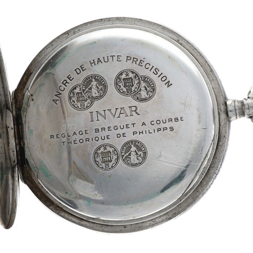 958 - Invar Swiss silver (.800) niellio cased hunter pocket watch, signed lever movement with compensated ... 