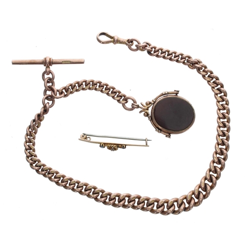 962 - Good 9ct rose gold graduated watch Albert chain, with T-bar, lever clasp and a 9ct swivel fob, each ... 