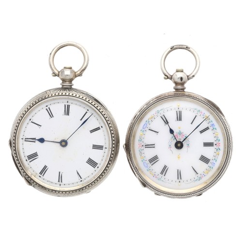 980 - Two silver engine turned cylinder fob watches, one with key (2)