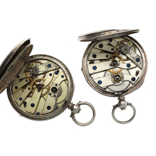 980 - Two silver engine turned cylinder fob watches, one with key (2)