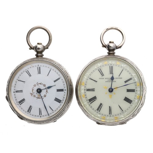 981 - Two silver engine turned cylinder fob watches, one with key (2)