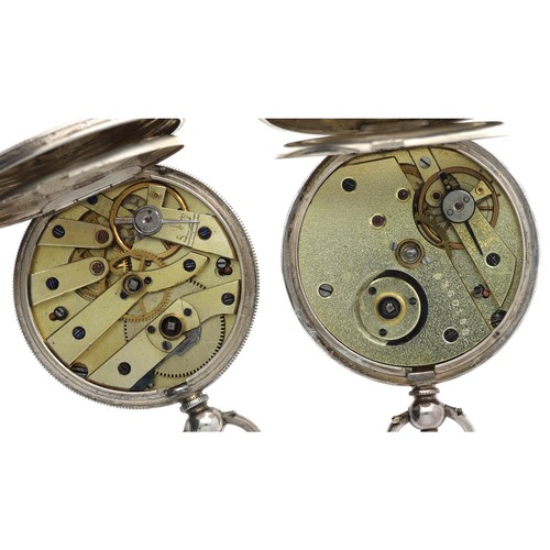 981 - Two silver engine turned cylinder fob watches, one with key (2)