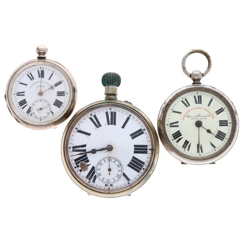 983 - Nickel cased Goliath lever pocket watch, three quarter plate frosted movement with, Roman numeral di... 