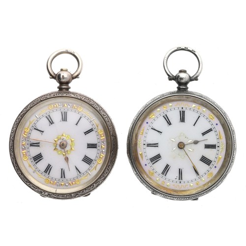 985 - Two silver engine turned cylinder fob watches, one with key (2)