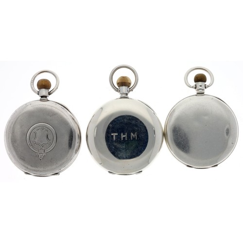 986 - Three clean silver pocket watches, including an American Waltham Traveler (3)