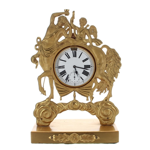 987 - Omega Goliath gilded pocket watch set in a classical ormolu stand, modelled with a satyr and winged ... 