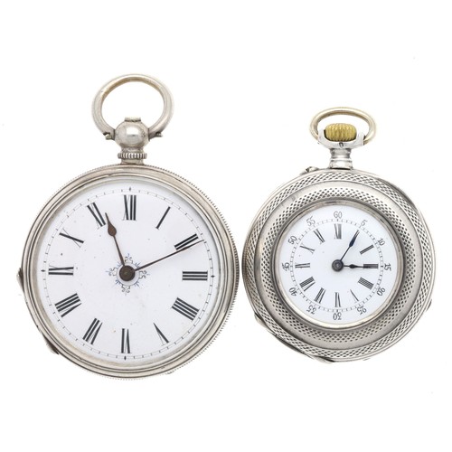 990 - Two silver engine turned cylinder fob watches, one with key (2)