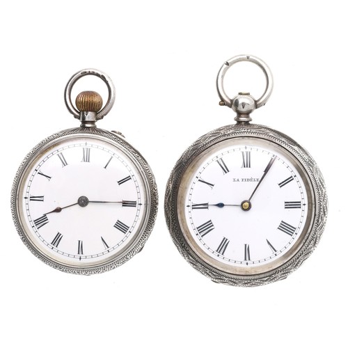 991 - Two silver engine turned cylinder fob watches, one with key (2)