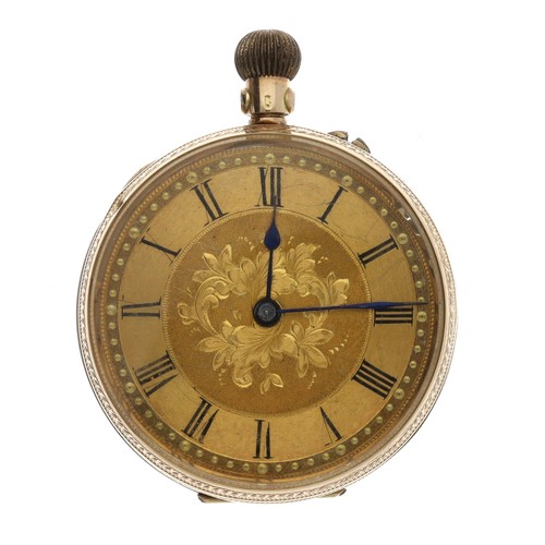 993 - 14ct cylinder engraved fob watch for repair, gilt Roman numeral dial, 26.9gm, 36mm