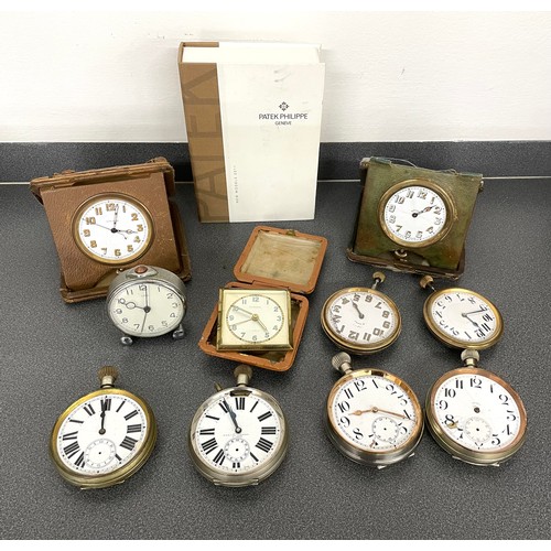 992 - Four Goliath pocket watches; together with four travel clocks, two within travel cases; two small cl... 