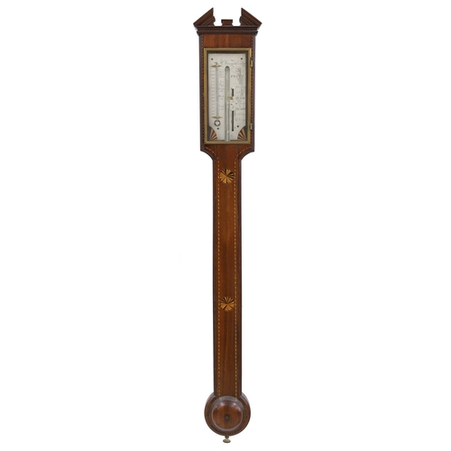 1003 - Good mahogany inlaid stick barometer signed H Lomas, Adlington to the silvered scale plate, over a f... 