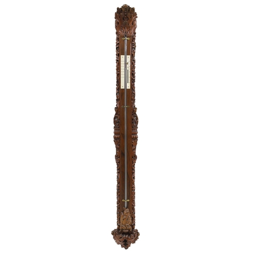 1005 - Good and unusual carved stick barometer, the ivory scale fitted to a flat trunk carved to the border... 