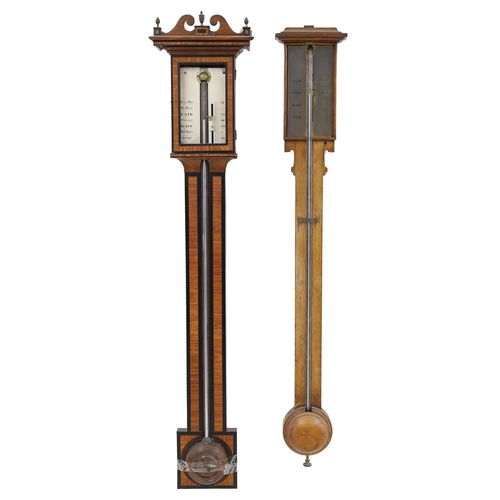 1018 - Satinwood and ebony banded stick barometer, the silvered scale over a flat trunk and turned cistern ... 