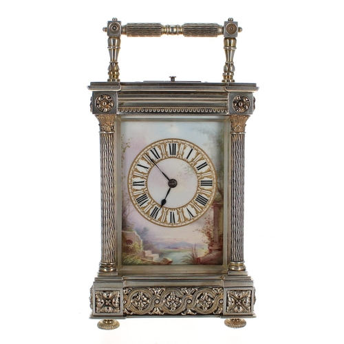 1201 - Good porcelain panelled and silvered repeater carriage clock striking on a gong, the movement back p... 