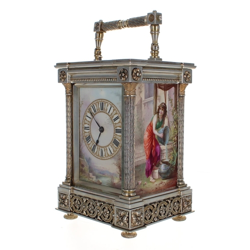 1201 - Good porcelain panelled and silvered repeater carriage clock striking on a gong, the movement back p... 