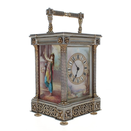 1201 - Good porcelain panelled and silvered repeater carriage clock striking on a gong, the movement back p... 