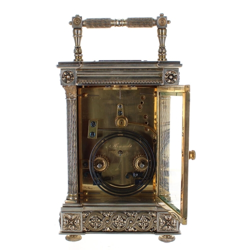 1201 - Good porcelain panelled and silvered repeater carriage clock striking on a gong, the movement back p... 