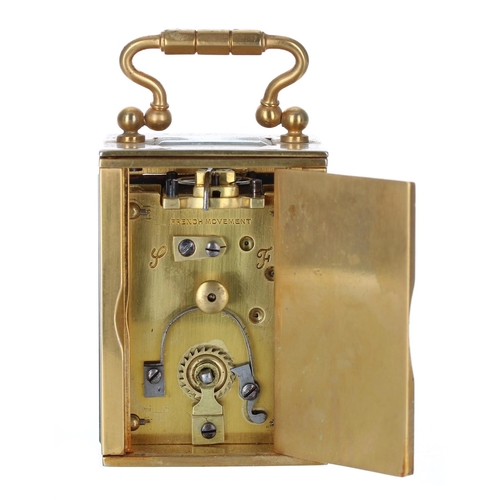 1203 - Small travelling carriage clock timepiece within a plain gilded brass case, 3.5