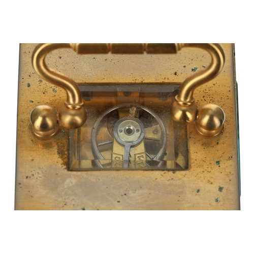 1203 - Small travelling carriage clock timepiece within a plain gilded brass case, 3.5