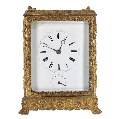 1205 - Good French brass striking carriage clock with alarm, the movement back plate inscribed Bovet &aacut... 