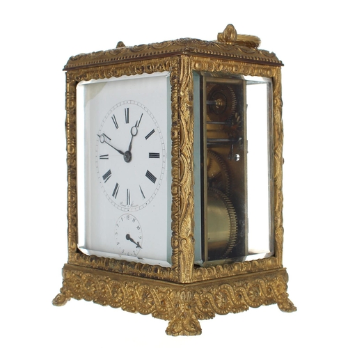 1205 - Good French brass striking carriage clock with alarm, the movement back plate inscribed Bovet &aacut... 