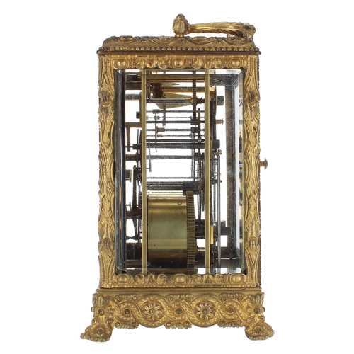 1205 - Good French brass striking carriage clock with alarm, the movement back plate inscribed Bovet &aacut... 