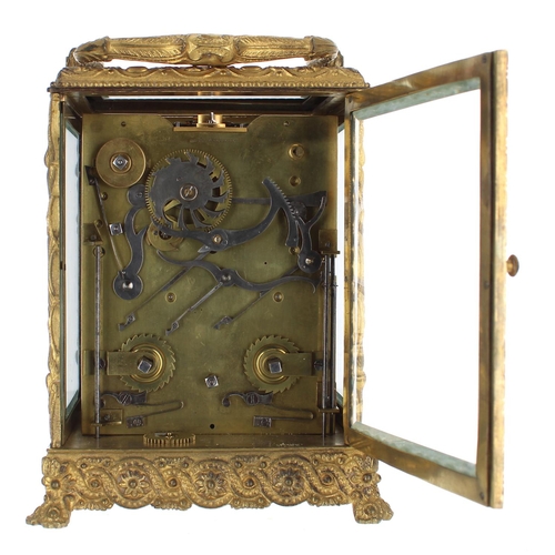 1205 - Good French brass striking carriage clock with alarm, the movement back plate inscribed Bovet &aacut... 