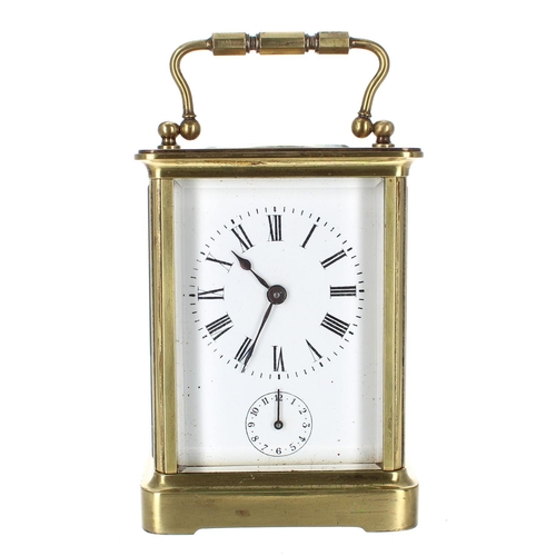 1220 - Small carriage clock timepiece with alarm, within a corniche brass case, 8.75