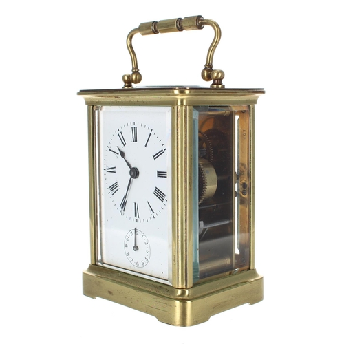 1220 - Small carriage clock timepiece with alarm, within a corniche brass case, 8.75