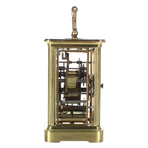 1220 - Small carriage clock timepiece with alarm, within a corniche brass case, 8.75