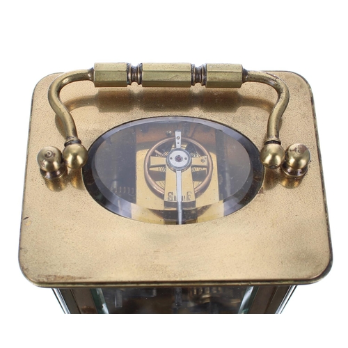 1220 - Small carriage clock timepiece with alarm, within a corniche brass case, 8.75