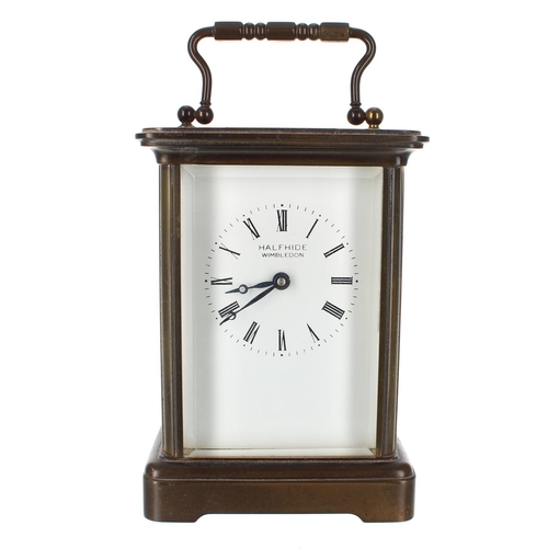 1222 - Carriage clock timepiece, stamped Swiss Made beneath the base and the dial inscribed Halfhide, Wimbl... 