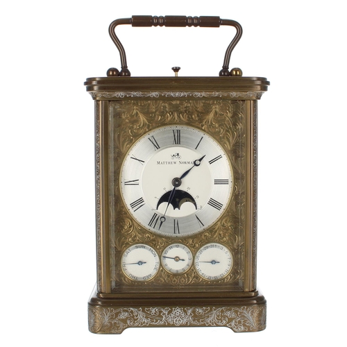 1223 - Matthew Norman Swiss repeating calendar brass carriage clock with moon phase and alarm, eight-day mo... 