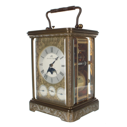 1223 - Matthew Norman Swiss repeating calendar brass carriage clock with moon phase and alarm, eight-day mo... 