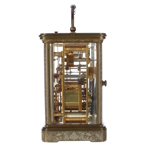 1223 - Matthew Norman Swiss repeating calendar brass carriage clock with moon phase and alarm, eight-day mo... 