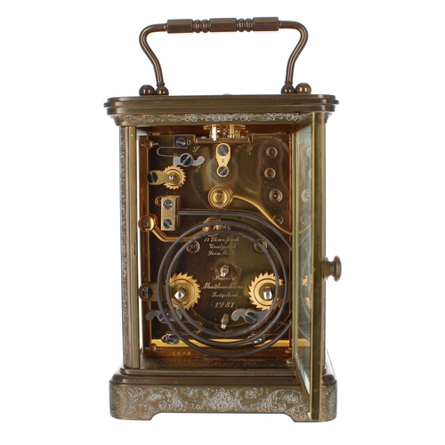 1223 - Matthew Norman Swiss repeating calendar brass carriage clock with moon phase and alarm, eight-day mo... 