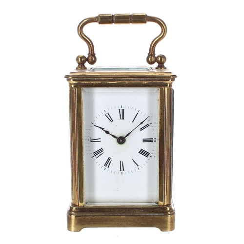 1227 - Miniature carriage clock timepiece, within a corniche brass case, 4.25